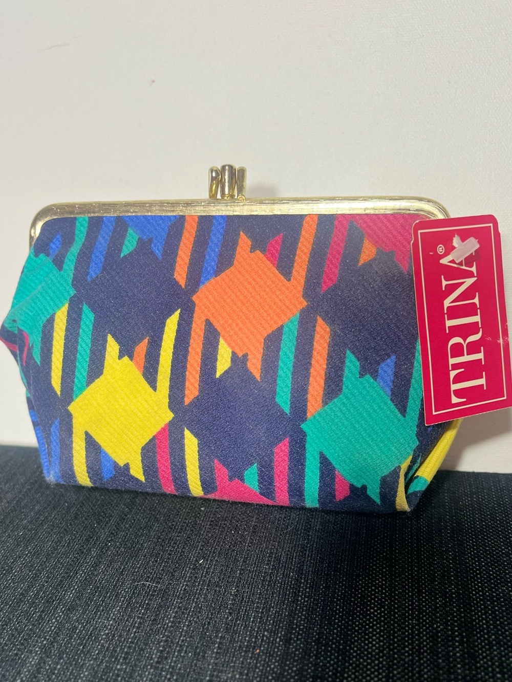 Vintage 80s Trina NWT Kiss Lock Cosmetic Bag Retro 80s Geometric Print